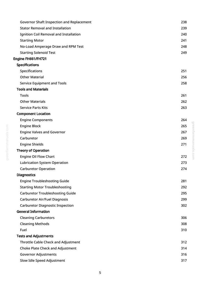 Pu&ograve; includere: Un sommario dettagliato di un manuale, con sezioni sulla riparazione e manutenzione del motore. Gli argomenti includono componenti del motore, funzionamento del carburatore e guide alla risoluzione dei problemi. I numeri di pagina sono elencati a destra.