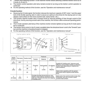 May include: Diagram of a machine's electrical system, detailing traction control and S mode functions. Includes switch positions, pilot lamps, traction levels, and road condition guidelines. Text includes "Traction control function" and "S mode function".