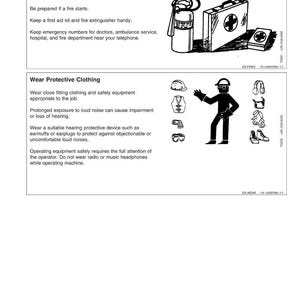 May include: Black and white safety diagram with illustrations of a fire extinguisher, first aid kit, and protective clothing. Text includes safety instructions for emergencies and protective wear.
