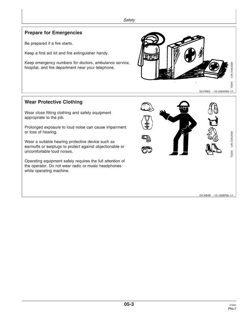 May include: Black and white safety diagram with illustrations of a fire extinguisher, first aid kit, and protective clothing. Text includes safety instructions for emergencies and protective wear.