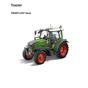 May include: A green and grey Fendt e107 Vario tractor with red wheels. The tractor has a white roof and is set against a white background. The image is from a workshop service manual.