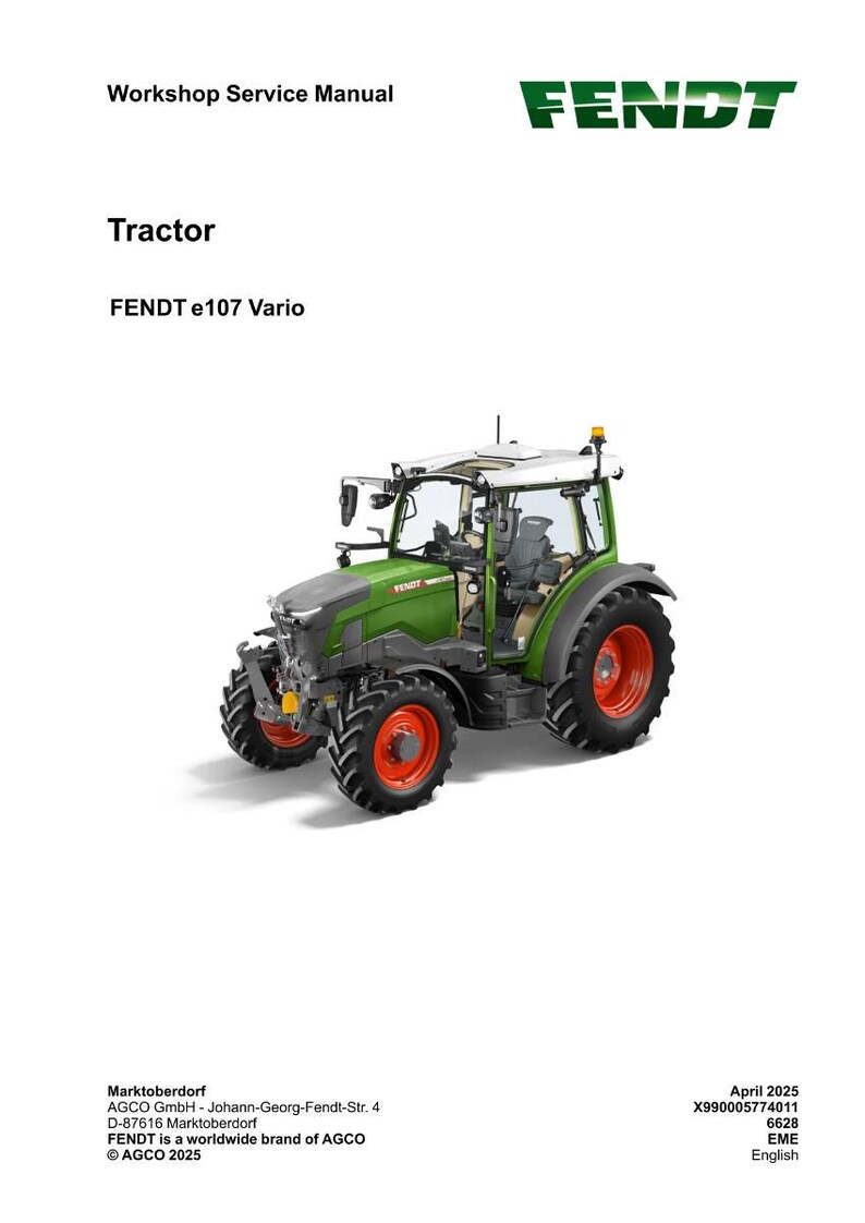 May include: A green and grey Fendt e107 Vario tractor with red wheels. The tractor has a white roof and is set against a white background. The image is from a workshop service manual.