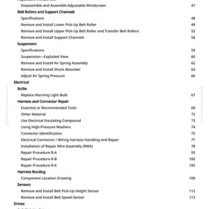 Puede incluir: Un detallado &iacute;ndice de un manual, con secciones sobre componentes el&eacute;ctricos, procedimientos de reparaci&oacute;n y especificaciones. El texto es negro sobre fondo blanco, con n&uacute;meros de p&aacute;gina.