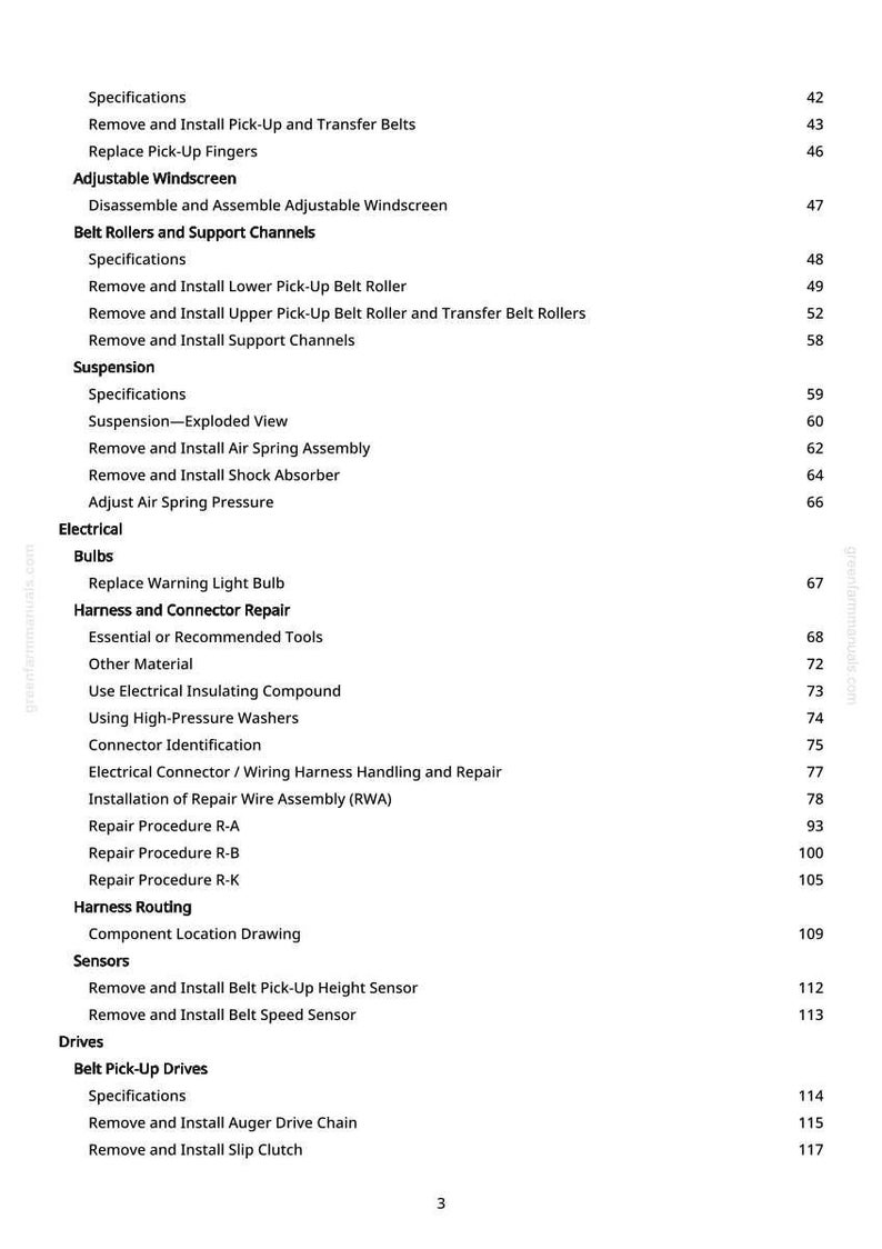 Puede incluir: Un detallado &iacute;ndice de un manual, con secciones sobre componentes el&eacute;ctricos, procedimientos de reparaci&oacute;n y especificaciones. El texto es negro sobre fondo blanco, con n&uacute;meros de p&aacute;gina.