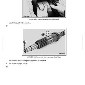 Op de afbeelding: Diagram van mechanische componenten, waaronder een koppeling die wordt ge&iuml;nstalleerd en een koppelingsas met conische rollagers en afdichtringen. Tekstlabels identificeren onderdelen en installatiestappen.