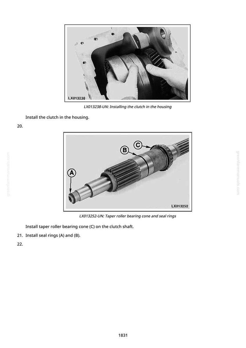 Op de afbeelding: Diagram van mechanische componenten, waaronder een koppeling die wordt ge&iuml;nstalleerd en een koppelingsas met conische rollagers en afdichtringen. Tekstlabels identificeren onderdelen en installatiestappen.