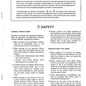 Puede incluir: Un documento blanco con texto negro que detalla las precauciones de seguridad para la reparaci&oacute;n de maquinaria. El documento incluye advertencias, precauciones generales y preparativos para el trabajo, con s&iacute;mbolos de seguridad y el texto "IMPORTANT SAFETY NOTICE".