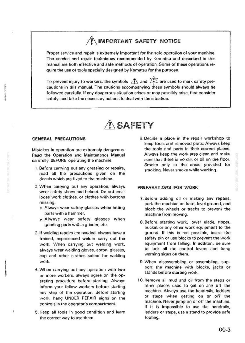Puede incluir: Un documento blanco con texto negro que detalla las precauciones de seguridad para la reparaci&oacute;n de maquinaria. El documento incluye advertencias, precauciones generales y preparativos para el trabajo, con s&iacute;mbolos de seguridad y el texto "IMPORTANT SAFETY NOTICE".