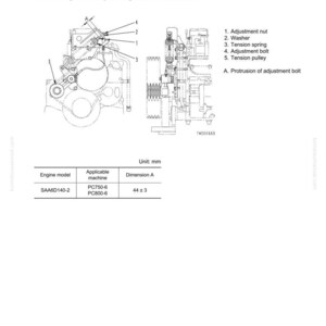 May include: Diagram of a cooling system, detailing fan belt tension adjustment. Includes labeled components like adjustment nut, washer, tension spring, and adjustment bolt. Features a table with engine model and dimension A of 44 &plusmn; 3 mm.