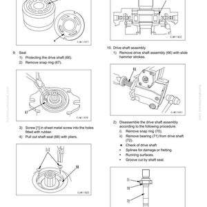 May include: Diagram of the disassembly and assembly of an HST pump assembly. The image includes detailed illustrations of various components, including seals, snap rings, and drive shafts, with labels and instructions for each step. The text includes the title "DISASSEMBLY AND ASSEMBLY".