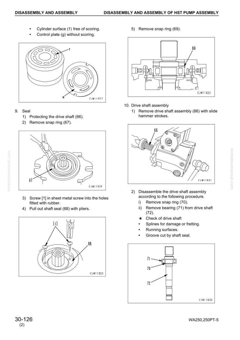 May include: Diagram of the disassembly and assembly of an HST pump assembly. The image includes detailed illustrations of various components, including seals, snap rings, and drive shafts, with labels and instructions for each step. The text includes the title "DISASSEMBLY AND ASSEMBLY".
