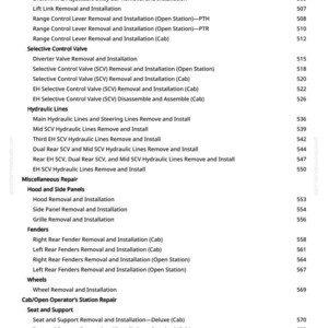 May include: A detailed contents page from a manual, listing repair and installation procedures. Topics include hydraulic lines, fenders, and seat support. The text is in black on a white background, with page number 7 at the bottom.
