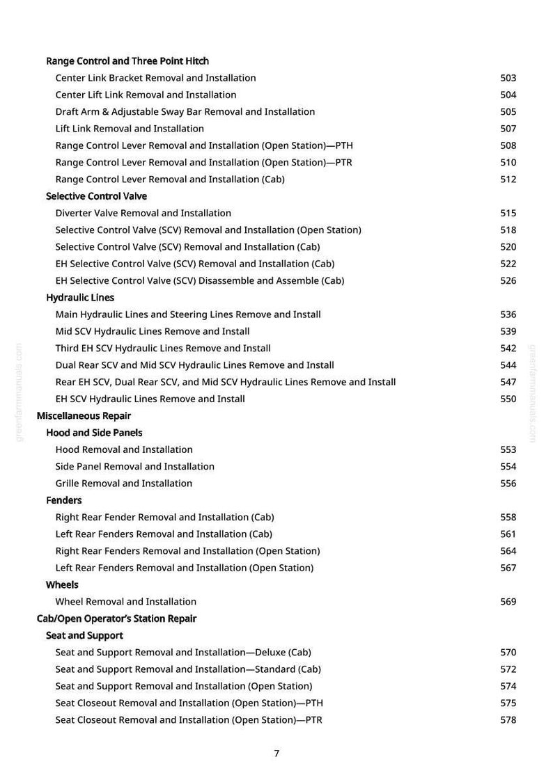 May include: A detailed contents page from a manual, listing repair and installation procedures. Topics include hydraulic lines, fenders, and seat support. The text is in black on a white background, with page number 7 at the bottom.