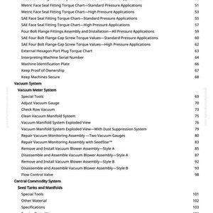May include: A white page with a detailed table of contents for a manual. The text includes titles such as "Vacuum System," "Seed Tanks and Manifolds," and various technical terms related to machinery and maintenance.