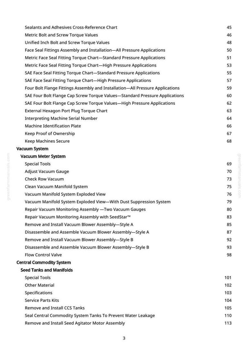May include: A white page with a detailed table of contents for a manual. The text includes titles such as "Vacuum System," "Seed Tanks and Manifolds," and various technical terms related to machinery and maintenance.