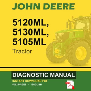 K&ouml;nnte beinhalten: Titelbild eines John Deere Traktor-Diagnosehandbuchs. Das Bild zeigt einen gr&uuml;nen Traktor auf gelbem Hintergrund mit dem Text "JOHN DEERE" und Traktormodellnummern. Die Worte "DIAGNOSTIC MANUAL" sind ebenfalls zu sehen.