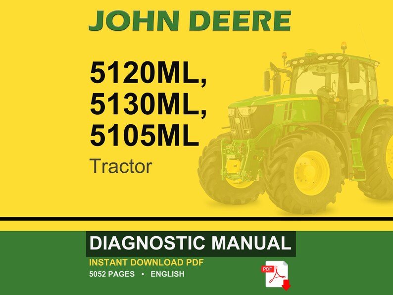 K&ouml;nnte beinhalten: Titelbild eines John Deere Traktor-Diagnosehandbuchs. Das Bild zeigt einen gr&uuml;nen Traktor auf gelbem Hintergrund mit dem Text "JOHN DEERE" und Traktormodellnummern. Die Worte "DIAGNOSTIC MANUAL" sind ebenfalls zu sehen.