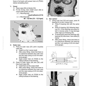 May include: Diagram from a manual showing the disassembly and assembly of mechanical components. Includes illustrations of parts like outer races, bearings, and a pinion, with labels and measurements. The text provides instructions for the process.