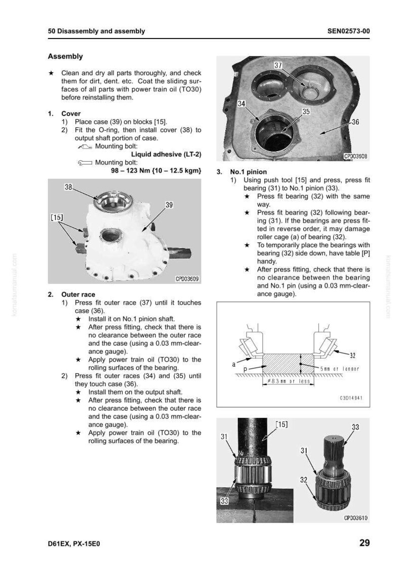 May include: Diagram from a manual showing the disassembly and assembly of mechanical components. Includes illustrations of parts like outer races, bearings, and a pinion, with labels and measurements. The text provides instructions for the process.