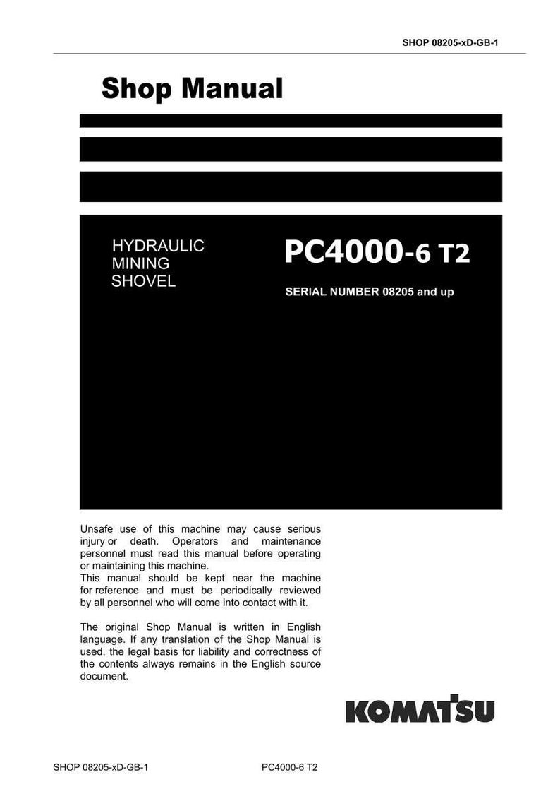 Op de afbeelding: Werkplaatshandboek voor een hydraulische mijnbouwschop, model PC4000-6 T2. De handleiding bevat veiligheidswaarschuwingen en serienummerinformatie. Het Komatsu-logo staat onderaan.