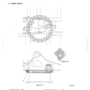 May include: Diagram of a swing circle system, labeled with parts like outer race, ball bearing, and seal. The diagram includes cross-sectional views and text indicating grease capacity of 8.0 liters. The document is labeled PC150-3.