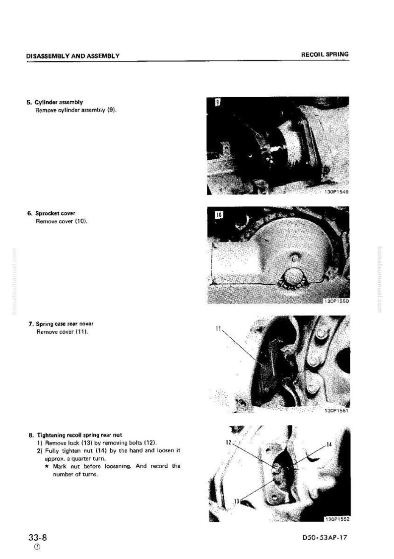 May include: Technical diagram from a manual showing the disassembly and assembly of a recoil spring. The image includes close-up views of mechanical components with labels and numbers for each step of the process.
