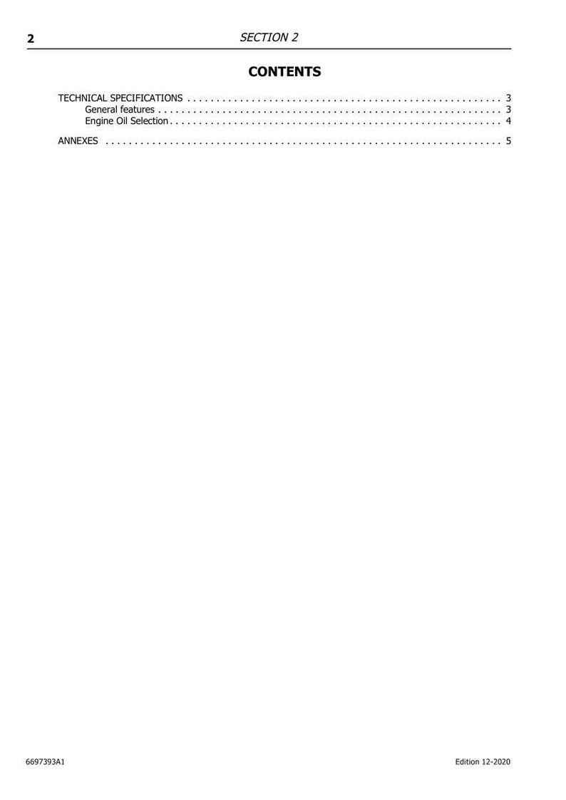 May include: A white page with the heading "SECTION 2" and the subheading "CONTENTS." The page lists "TECHNICAL SPECIFICATIONS," "General features," "Engine Oil Selection," and "ANNEXES." The edition is 12-2020.