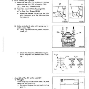 Puede incluir: Diagrama de instrucciones de desmontaje y montaje de la transmisi&oacute;n. Incluye ilustraciones del montaje del pist&oacute;n, los anillos de sellado y la instalaci&oacute;n del engranaje anular. El texto incluye n&uacute;meros de pieza y pasos para el proceso.