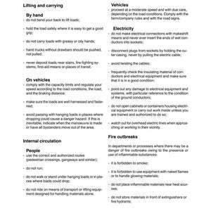 May include: A page from a safety manual titled "Working in Safety." The text covers topics like lifting, vehicles, electricity, internal circulation, and fire outbreaks. The manual provides guidelines for safe practices.