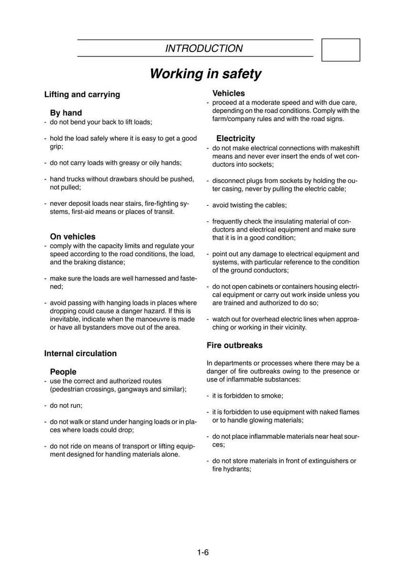 May include: A page from a safety manual titled "Working in Safety." The text covers topics like lifting, vehicles, electricity, internal circulation, and fire outbreaks. The manual provides guidelines for safe practices.