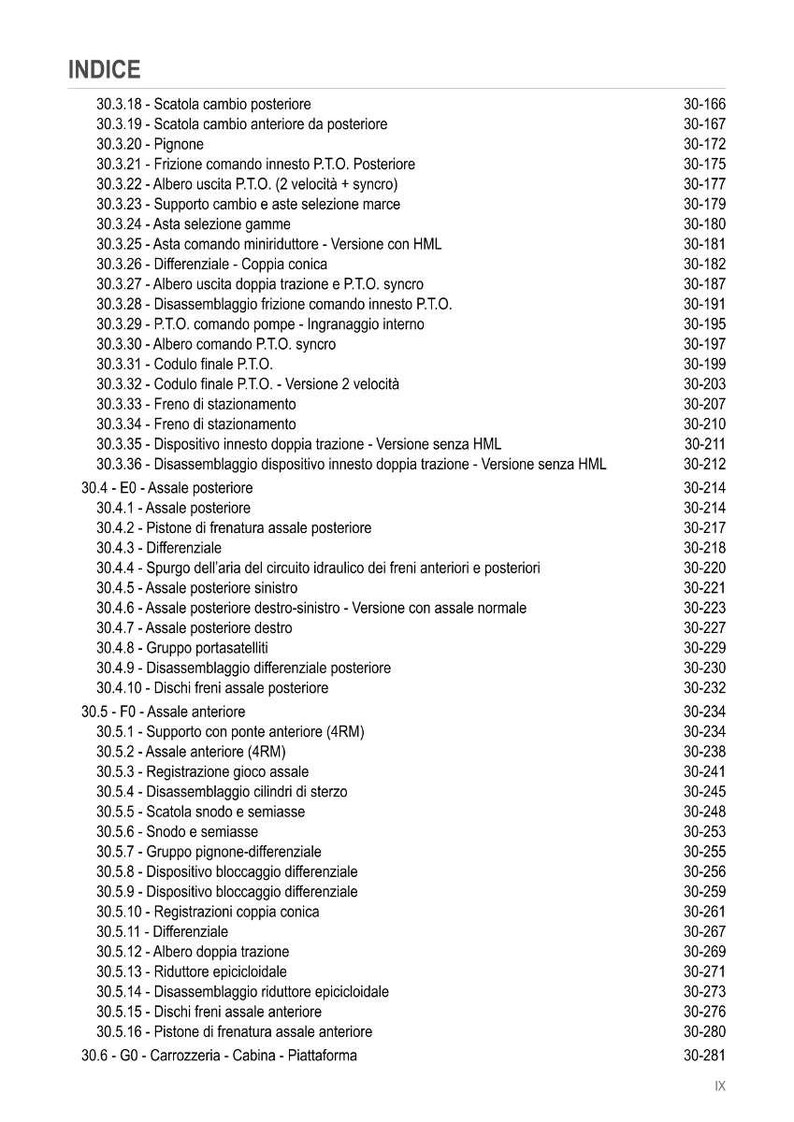 May include: A detailed index page with a list of automotive parts and their corresponding page numbers. The text is black on a white background, with the title "INDICE" at the top. The list includes terms like "Assale posteriore" and "Differenziale".