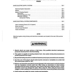 May include: A page from a manual detailing the electrical system (24VDC non-propulsion) with an index, warnings, and safety instructions. The text includes sections on electrical supply, components, and testing procedures. The document is printed in black and white.