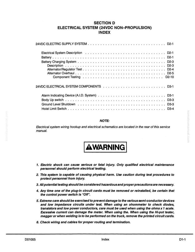 May include: A page from a manual detailing the electrical system (24VDC non-propulsion) with an index, warnings, and safety instructions. The text includes sections on electrical supply, components, and testing procedures. The document is printed in black and white.