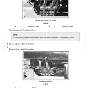 May include: Diagram of mechanical components with labels and instructions. The image shows close-ups of parts, including cap screws, springs, and a cotter key. Text includes "Support Cap Screws" and "Disconnect springs (A) from pedals."