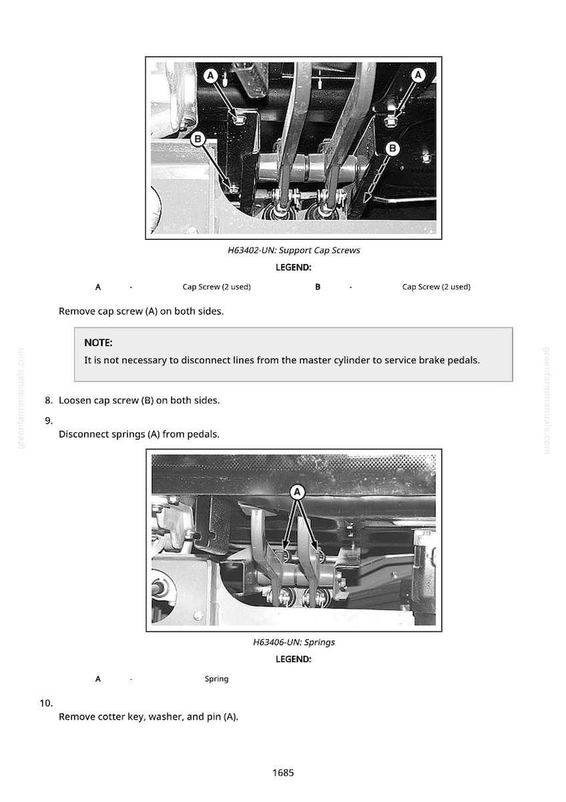 May include: Diagram of mechanical components with labels and instructions. The image shows close-ups of parts, including cap screws, springs, and a cotter key. Text includes "Support Cap Screws" and "Disconnect springs (A) from pedals."