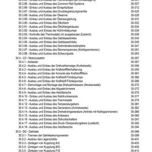 May include: A page from a German-language automotive repair manual, titled "INHALT" (Contents). The text lists various procedures, including fuel pump, thermostat, and generator replacements, with corresponding page numbers.