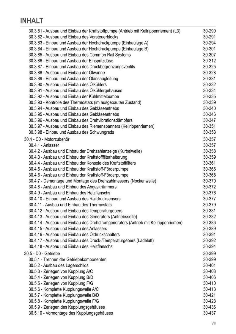 May include: A page from a German-language automotive repair manual, titled "INHALT" (Contents). The text lists various procedures, including fuel pump, thermostat, and generator replacements, with corresponding page numbers.