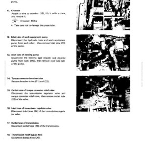 May include: Technical diagram with numbered instructions for equipment maintenance. Includes close-up images of mechanical components, hoses, and valves. Text details procedures like disconnecting hoses and removing tubes. The crossbar weight is 65 kg.