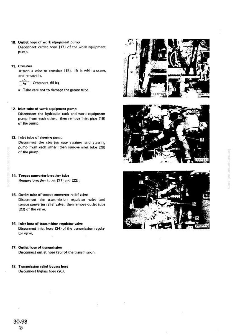 May include: Technical diagram with numbered instructions for equipment maintenance. Includes close-up images of mechanical components, hoses, and valves. Text details procedures like disconnecting hoses and removing tubes. The crossbar weight is 65 kg.