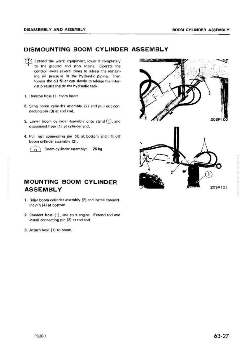 May include: Technical diagram for dismounting and mounting a boom cylinder assembly. Includes step-by-step instructions with numbered steps and diagrams. The boom cylinder assembly weighs 26 kg.