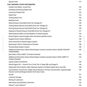 May include: A page from a manual with a table of contents. The topics include fuel, lubricants, coolant, and capacities, with subtopics like diesel fuel, engine coolant, and diesel engine oil. Page numbers are listed on the right.