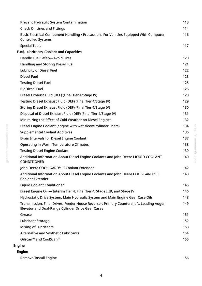 May include: A page from a manual with a table of contents. The topics include fuel, lubricants, coolant, and capacities, with subtopics like diesel fuel, engine coolant, and diesel engine oil. Page numbers are listed on the right.