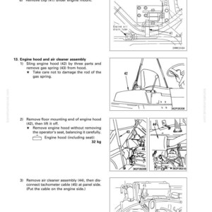 May include: Diagram of engine disassembly and assembly instructions. Includes illustrations of removing the clip, engine hood, and air cleaner assembly. The engine hood weighs 32 kg.