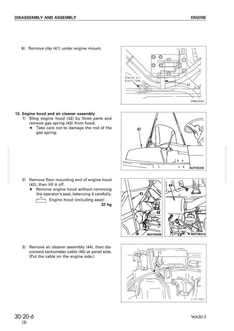May include: Diagram of engine disassembly and assembly instructions. Includes illustrations of removing the clip, engine hood, and air cleaner assembly. The engine hood weighs 32 kg.