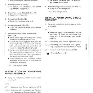 May include: A white and black technical manual page detailing the removal and installation of revolving frame and swing circle assemblies. Includes diagrams, instructions, and measurements.