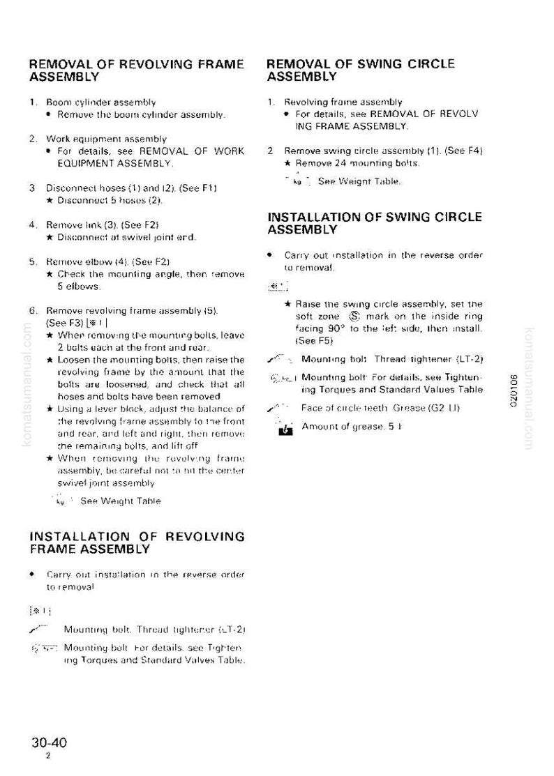 May include: A white and black technical manual page detailing the removal and installation of revolving frame and swing circle assemblies. Includes diagrams, instructions, and measurements.