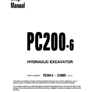 Puede incluir: Una portada de manual de taller blanca con el texto "Shop Manual" en negro. Debajo, un texto negro grande dice "PC200-6" y "HYDRAULIC EXCAVATOR". La parte inferior de la portada incluye texto sobre Komatsu America International Company.