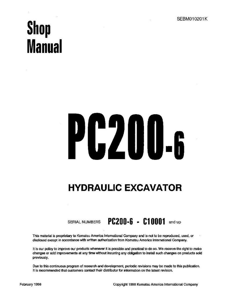 Puede incluir: Una portada de manual de taller blanca con el texto "Shop Manual" en negro. Debajo, un texto negro grande dice "PC200-6" y "HYDRAULIC EXCAVATOR". La parte inferior de la portada incluye texto sobre Komatsu America International Company.