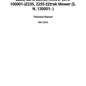 May include: A white document with black text. The text includes model numbers for EZtrak Mowers, a technical manual title, and the date of publication: April 26, 2019.
