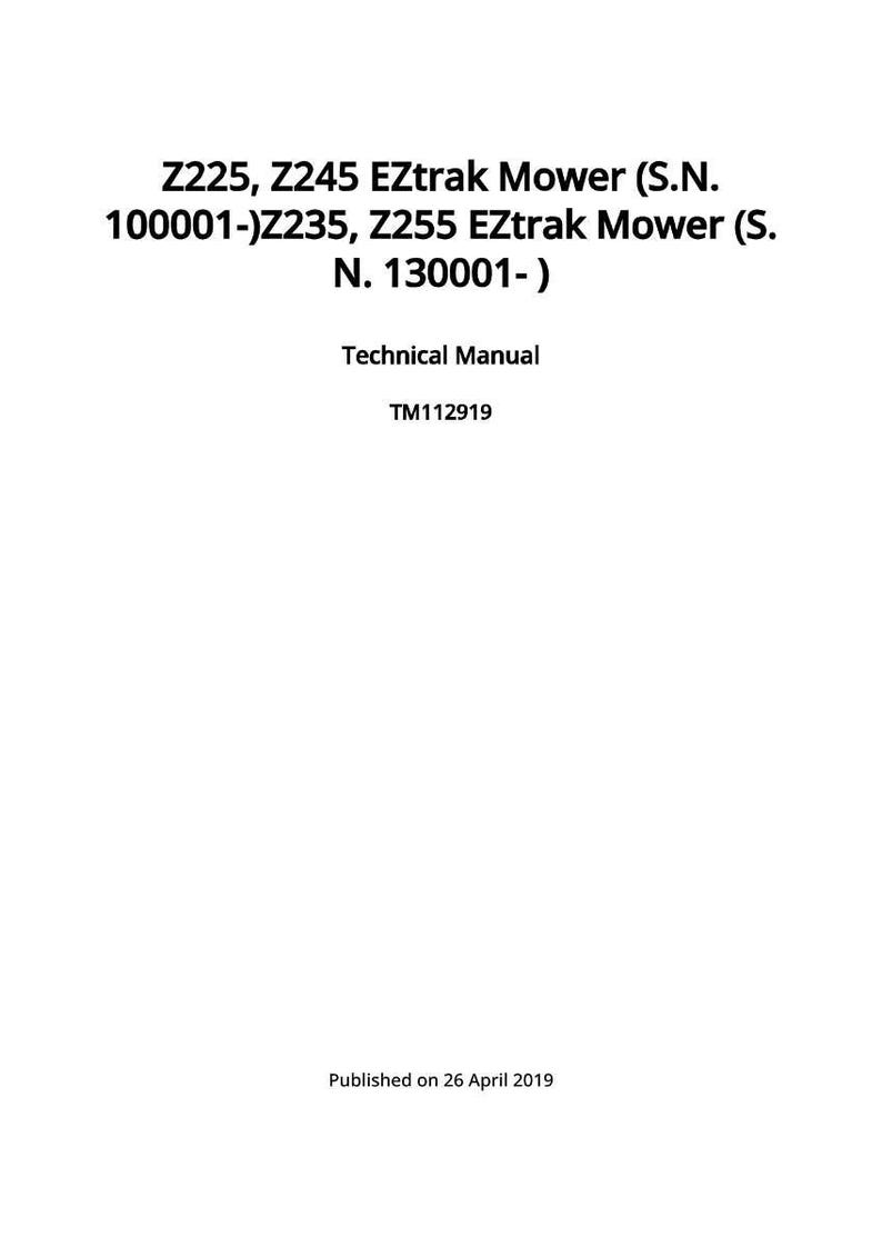 May include: A white document with black text. The text includes model numbers for EZtrak Mowers, a technical manual title, and the date of publication: April 26, 2019.
